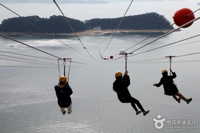 99타워 21층 탑승장에서 바다 위를 1390m 이동하는 창원짚트랙